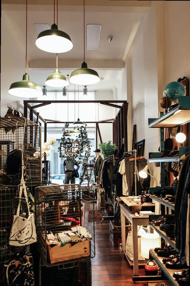 Stylish vintage boutique showcasing fashion items and decor with warm lighting and unique displays.