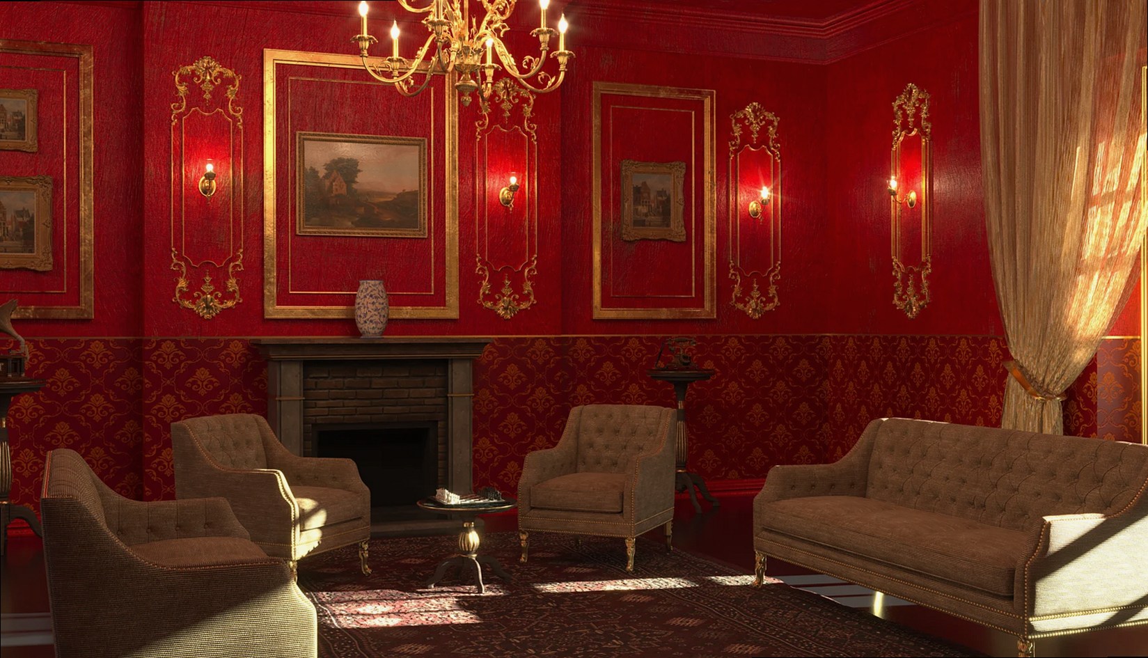 Elegant vintage room with red walls, vintage furniture, and golden chandelier.